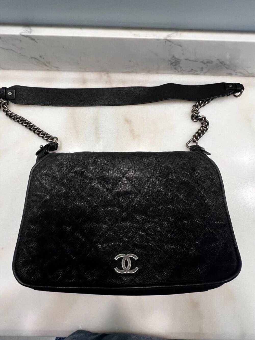 Chanel Black Highlander Nubuck Flap Messenger Crossbody Bag Purse Silver Auth